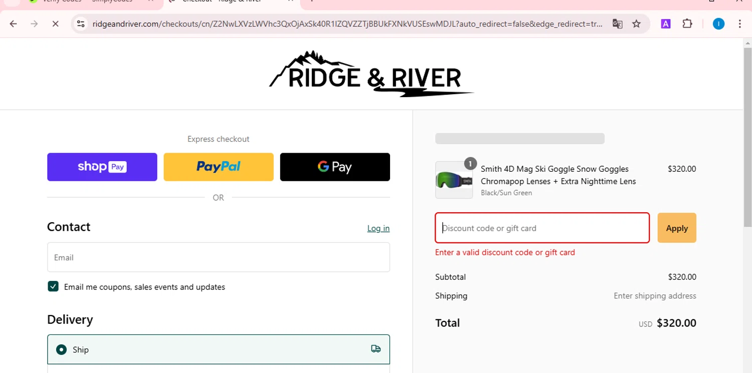 Ridge & River discount code screenshot showing code 2ZPMGKKG applied at Ridge & River checkout page. Uploaded by SimplyCodes community member TreasureScout5082 on Feb 27, 2025