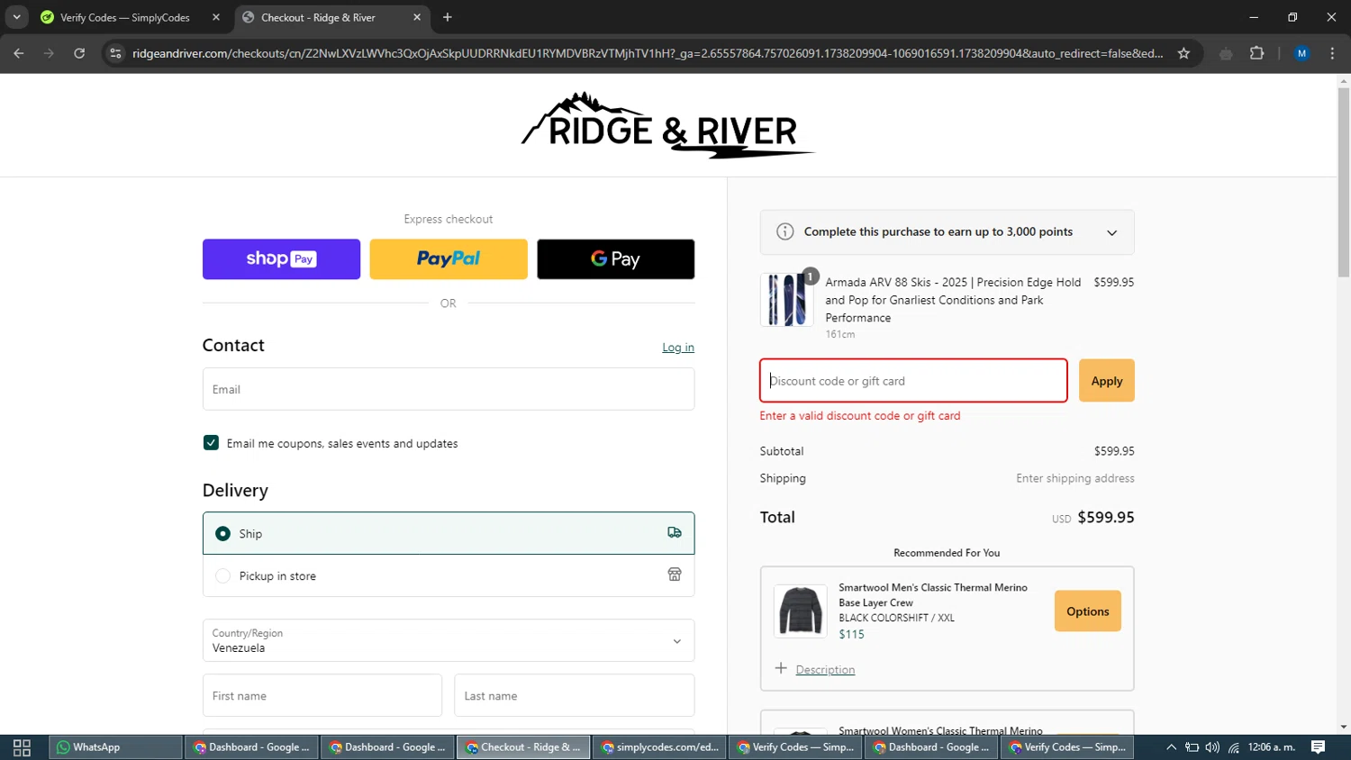 Ridge & River discount code screenshot showing code TM4KR64J applied at Ridge & River checkout page. Uploaded by SimplyCodes community member EpicVoyager2820 on Jan 30, 2025