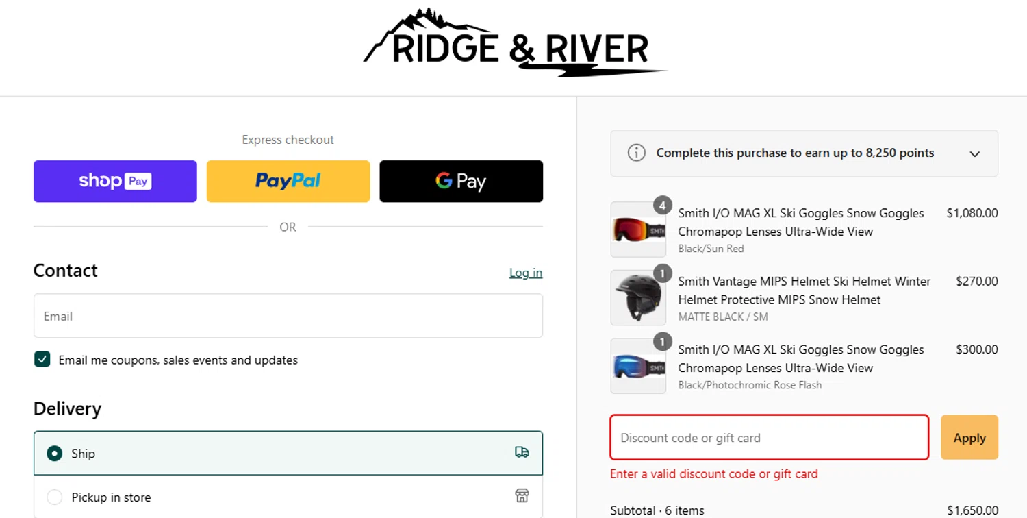 Ridge & River discount code screenshot showing code TM4KR64J applied at Ridge & River checkout page. Uploaded by SimplyCodes community member r0bertic0x222 on Feb 25, 2025