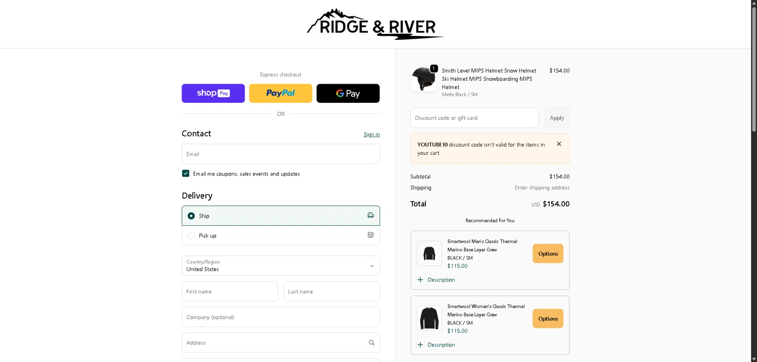 Ridge & River discount code screenshot showing code YOUTUBE10 applied at Ridge & River checkout page. Uploaded by SimplyCodes community member VictoriousFinder4393 on Jan 7, 2026