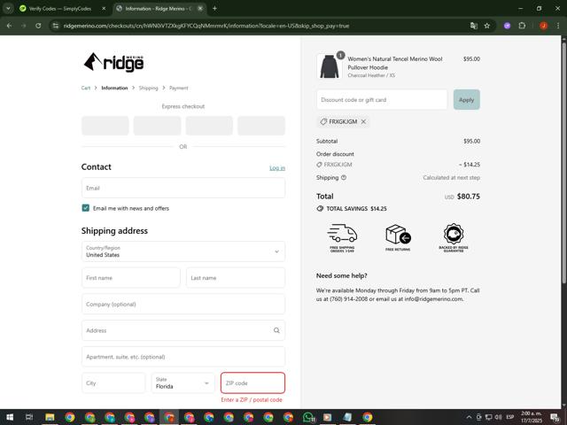 Ridge Merino checkout page showing Ridge Merino discount code box | Screenshot taken by SimplyCodes community member on Jul 17, 2025