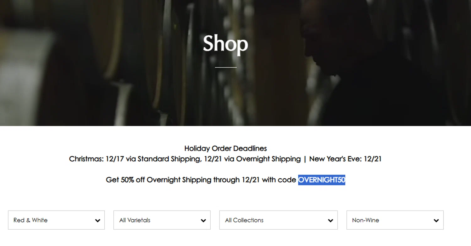 Ridge Vineyards promo code screenshot showing code OVERNIGHT50 applied at Ridge Vineyards checkout page. Uploaded by SimplyCodes community member Dejadepicharme on Dec 20, 2025