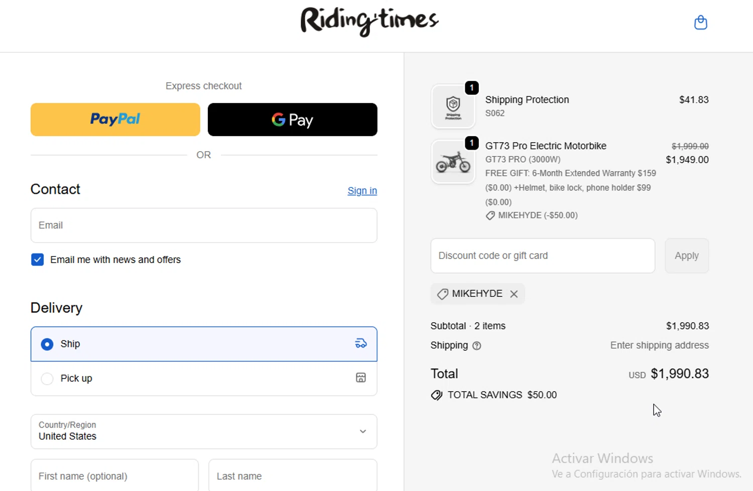 Riding Times discount code screenshot showing code MikeHyde applied at Riding Times checkout page. Uploaded by SimplyCodes community member Sheele_Icon on Dec 5, 2025