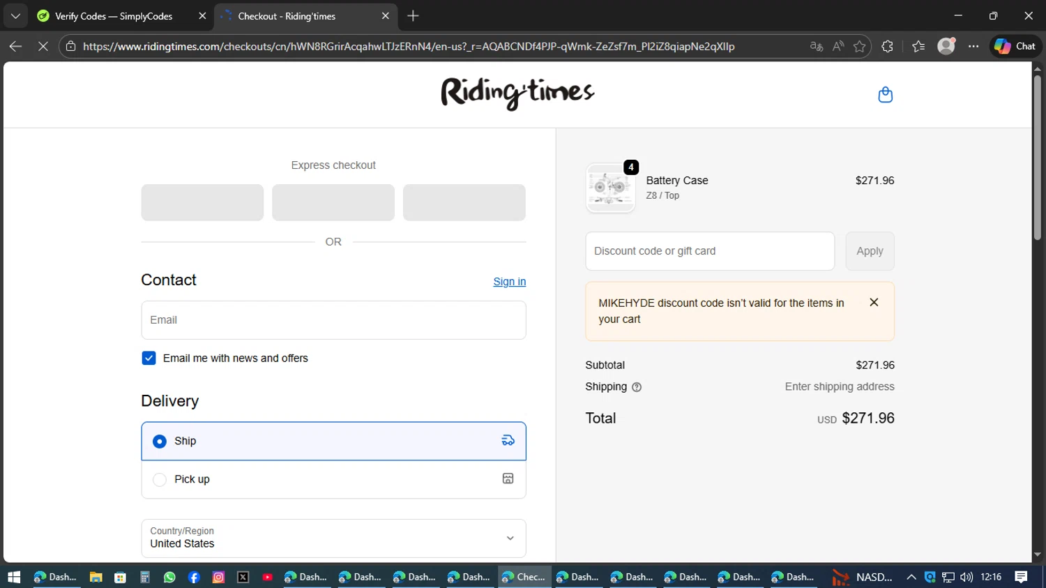 Riding Times discount code screenshot showing code MikeHyde applied at Riding Times checkout page. Uploaded by SimplyCodes community member SwiftSage2309 on Feb 5, 2026