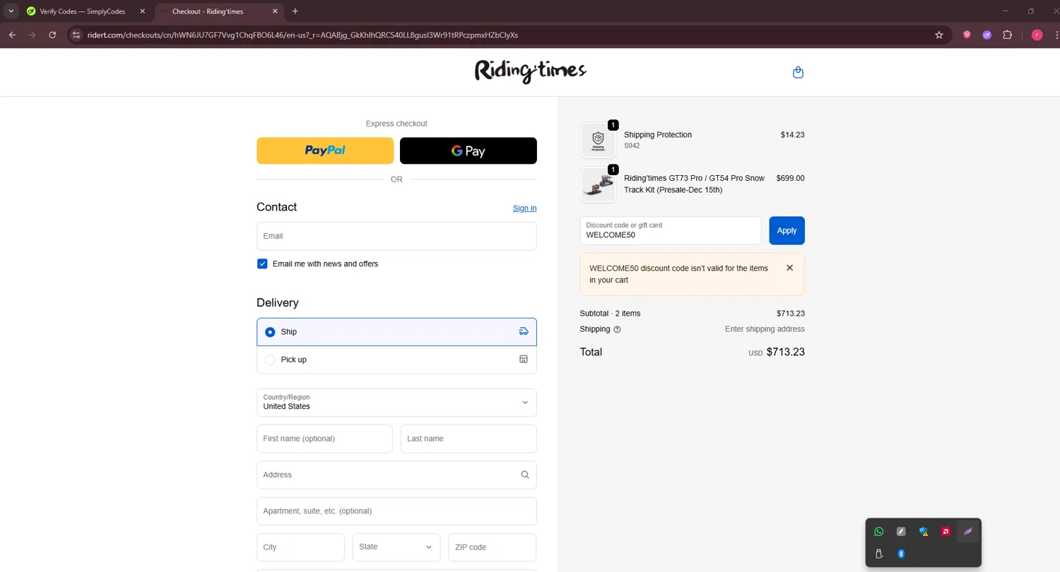 Riding Times discount code screenshot showing code WELCOME50 applied at Riding Times checkout page. Uploaded by SimplyCodes community member CouponSage7331 on Dec 11, 2025