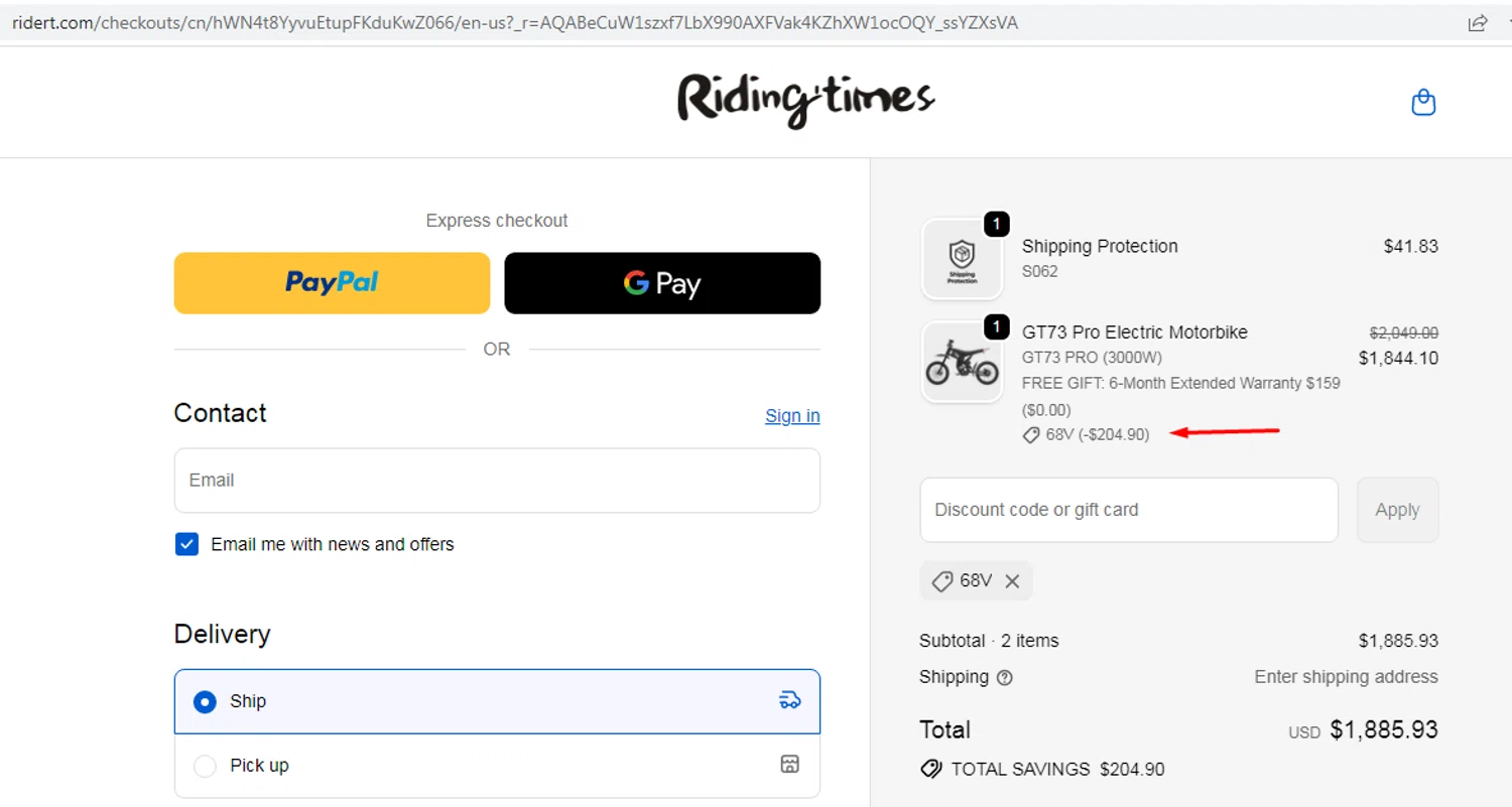 Riding Times discount code screenshot showing code 68v applied at Riding Times checkout page. Uploaded by SimplyCodes community member EMILIANOMASABE on Nov 4, 2025