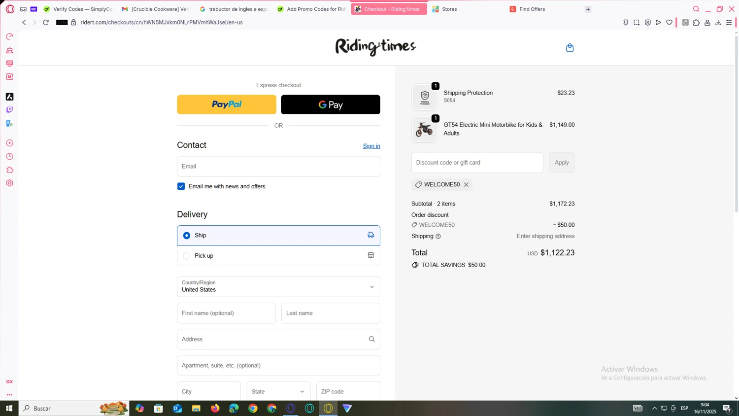 Riding Times discount code screenshot showing code WELCOME50 applied at Riding Times checkout page. Uploaded by SimplyCodes community member JEUGENIO on Nov 16, 2025