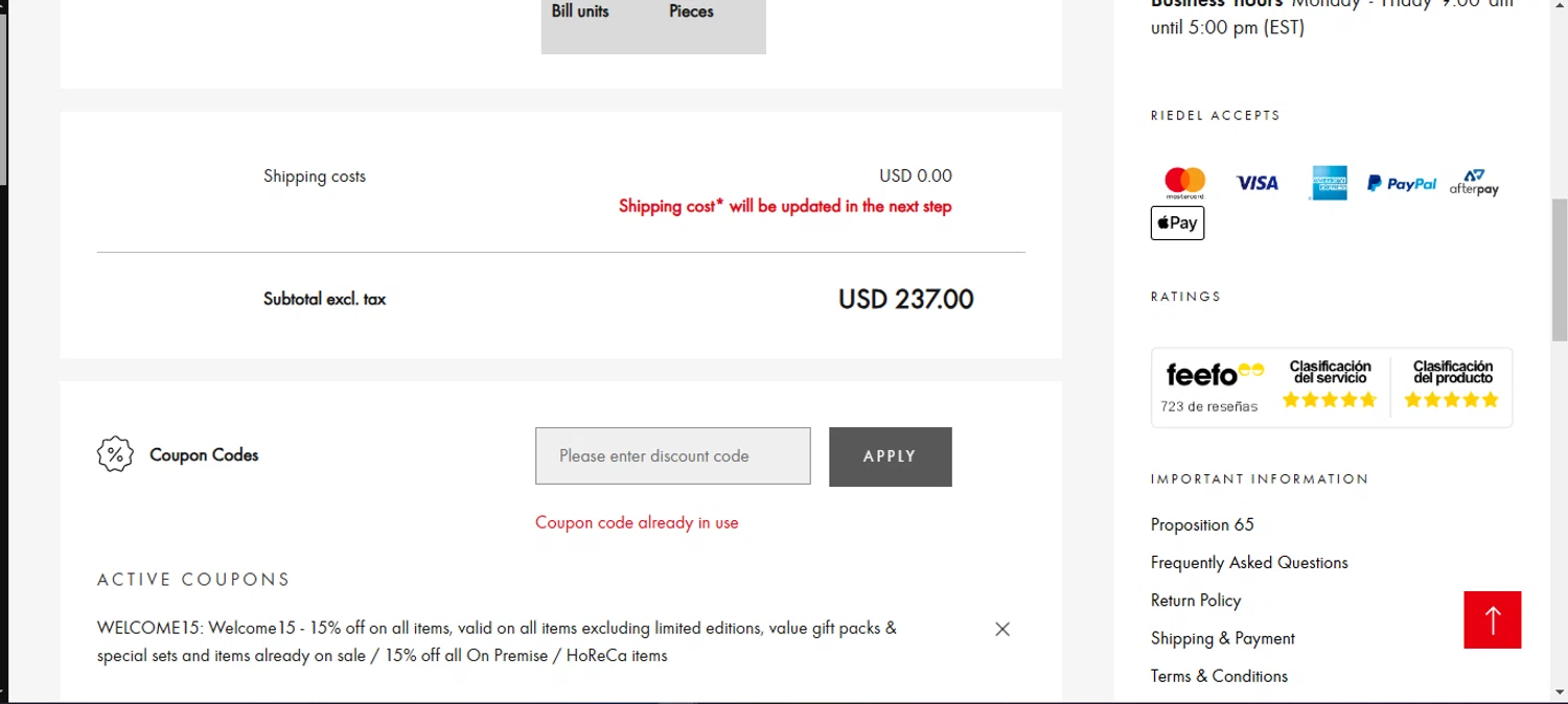 Riedel promo code screenshot showing code WELCOME15 applied at Riedel checkout page. Uploaded by SimplyCodes community member luislopez669902715 on Mar 5, 2025