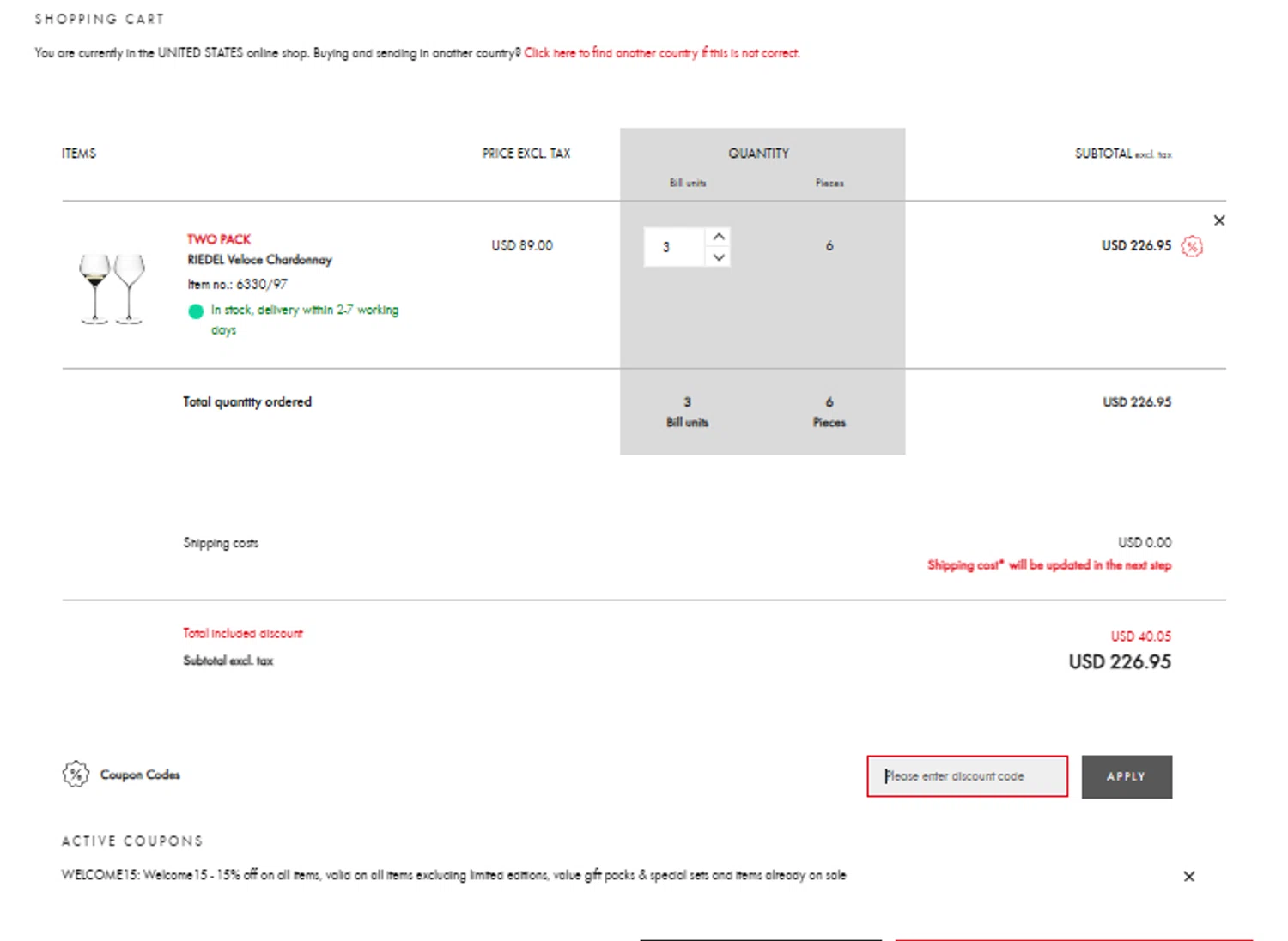 Riedel promo code screenshot showing code WELCOME15 applied at Riedel checkout page. Uploaded by SimplyCodes community member Toundjiale on Aug 13, 2025