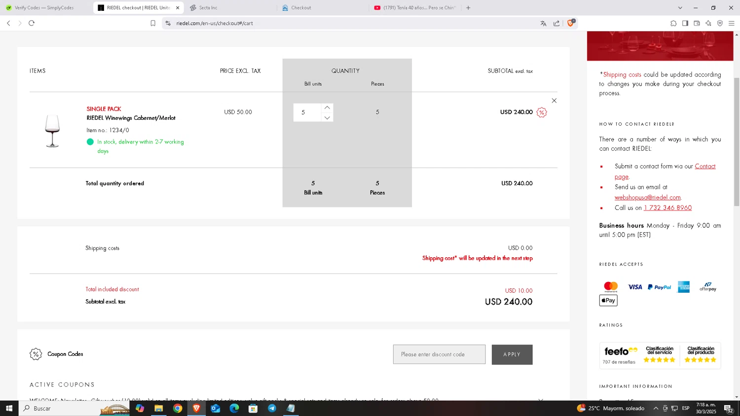 Riedel promo code screenshot showing code WELCOME applied at Riedel checkout page. Uploaded by SimplyCodes community member Carloscoder_900457733 on Mar 30, 2025