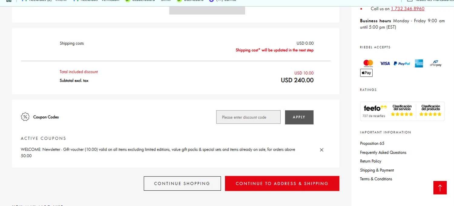 Riedel promo code screenshot showing code WELCOME applied at Riedel checkout page. Uploaded by SimplyCodes community member QuestSeeker7732 on Mar 30, 2025