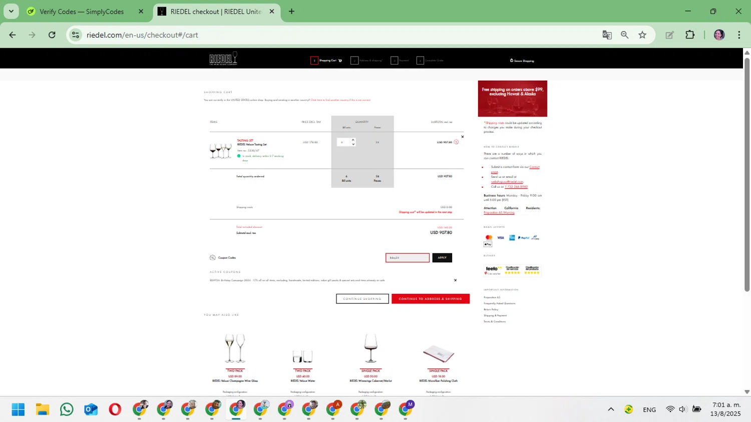 Riedel promo code screenshot showing code Bday24 applied at Riedel checkout page. Uploaded by SimplyCodes community member Mari_perez on Aug 13, 2025