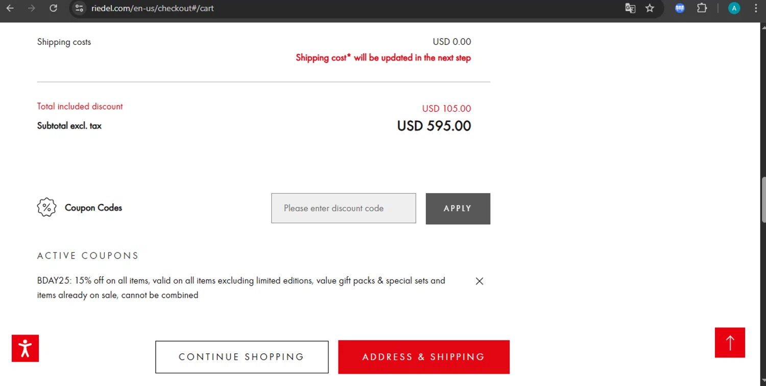 Riedel checkout page showing Riedel promo code box | Screenshot taken by SimplyCodes community member on Sep 11, 2025