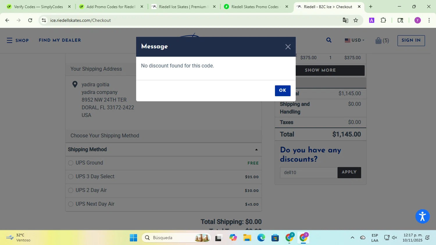 Riedell Skates promo code screenshot showing code dell10 applied at Riedell Skates checkout page. Uploaded by SimplyCodes community member yadicg054 on Nov 10, 2025