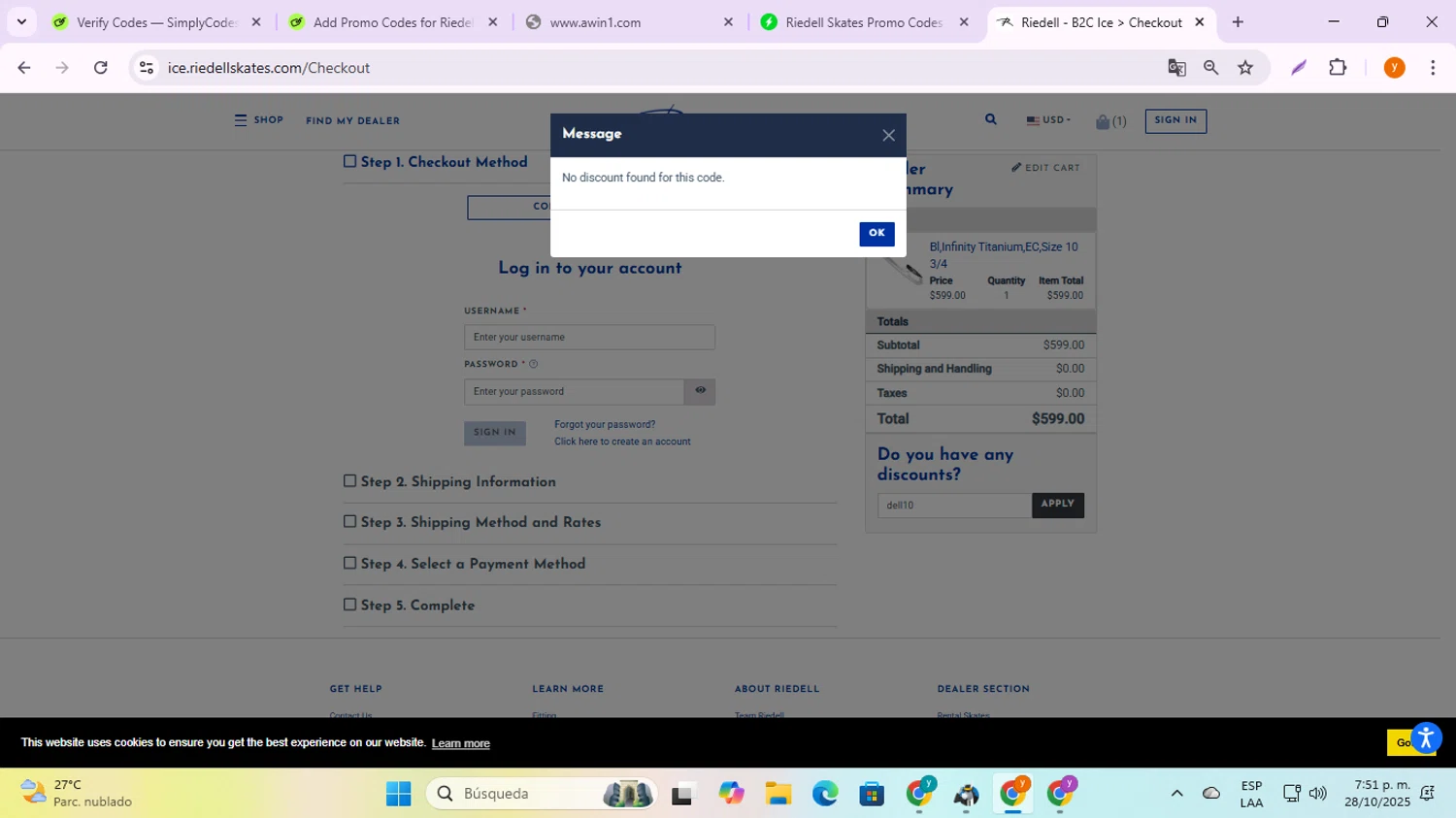Riedell Skates promo code screenshot showing code dell10 applied at Riedell Skates checkout page. Uploaded by SimplyCodes community member ycg487 on Oct 28, 2025