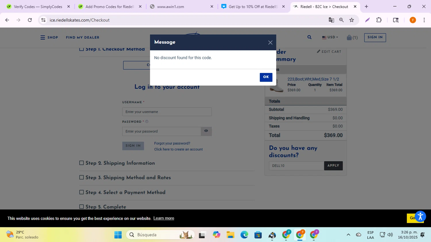 Riedell Skates promo code screenshot showing code DELL10 applied at Riedell Skates checkout page. Uploaded by SimplyCodes community member ycg487 on Oct 16, 2025