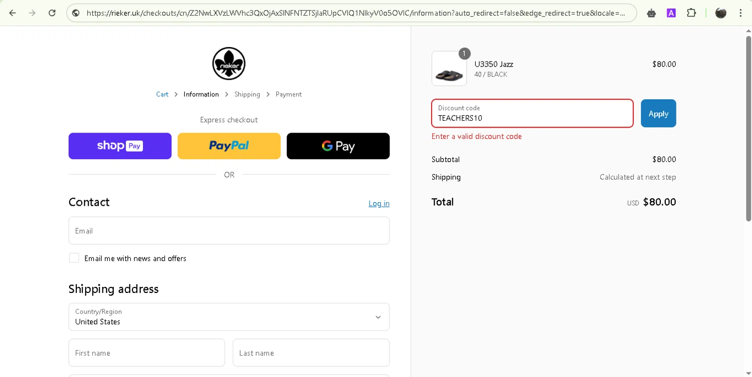 Rieker discount code screenshot showing code TEACHERS10 applied at Rieker checkout page. Uploaded by SimplyCodes community member Jesusvasquezzz on Apr 22, 2025