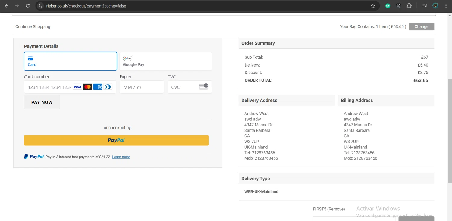 Rieker checkout page showing Rieker discount code box | Screenshot taken by SimplyCodes community member on May 9, 2024