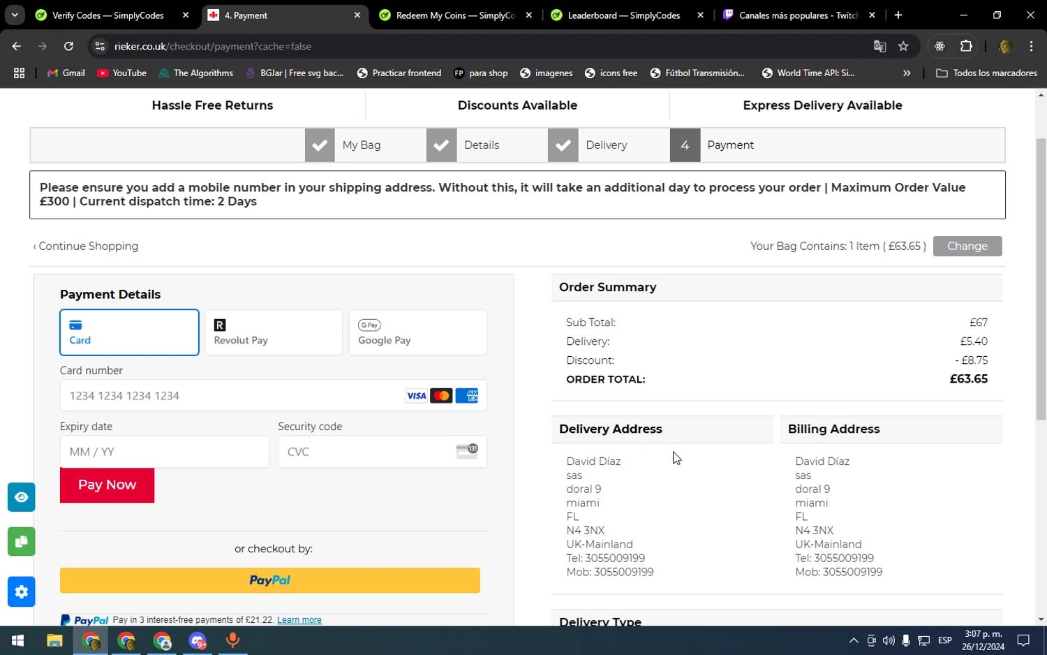 Rieker checkout page showing Rieker discount code box | Screenshot taken by SimplyCodes community member on Dec 26, 2024