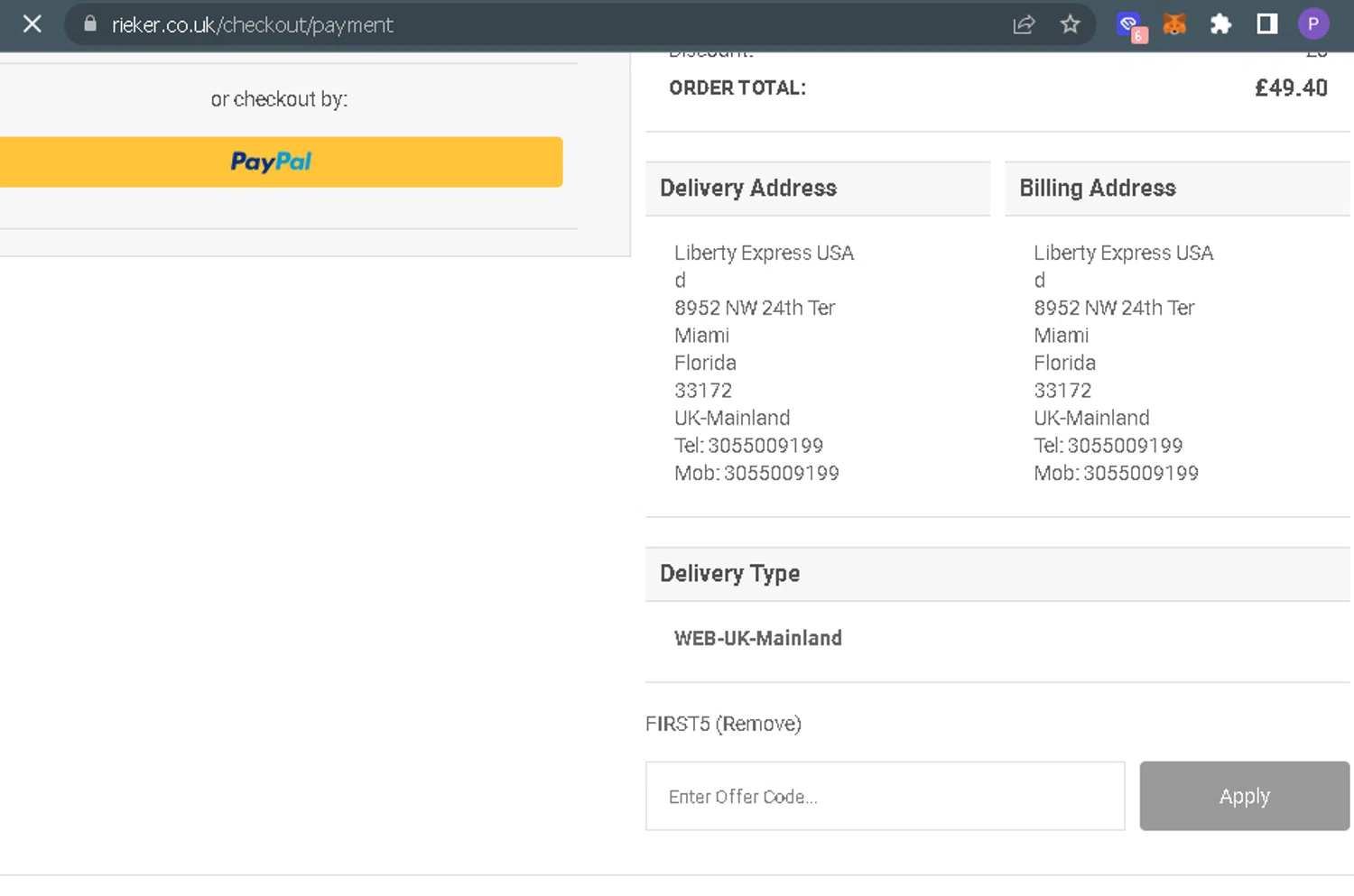 Rieker checkout page showing Rieker discount code box | Screenshot taken by SimplyCodes community member on Jan 7, 2024