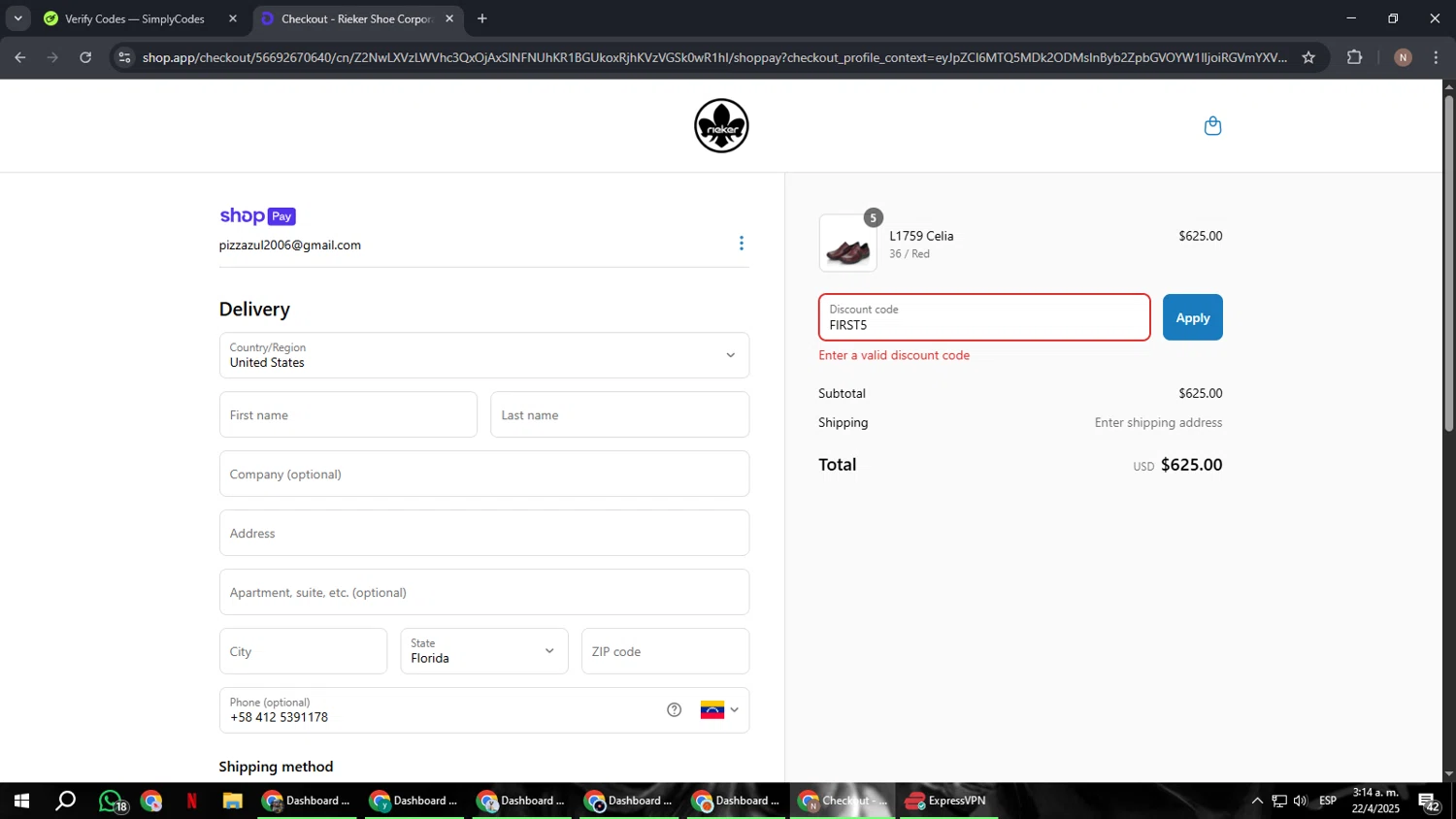 Rieker discount code screenshot showing code FIRST5 applied at Rieker checkout page. Uploaded by SimplyCodes community member DiscountPioneer2554 on Apr 22, 2025