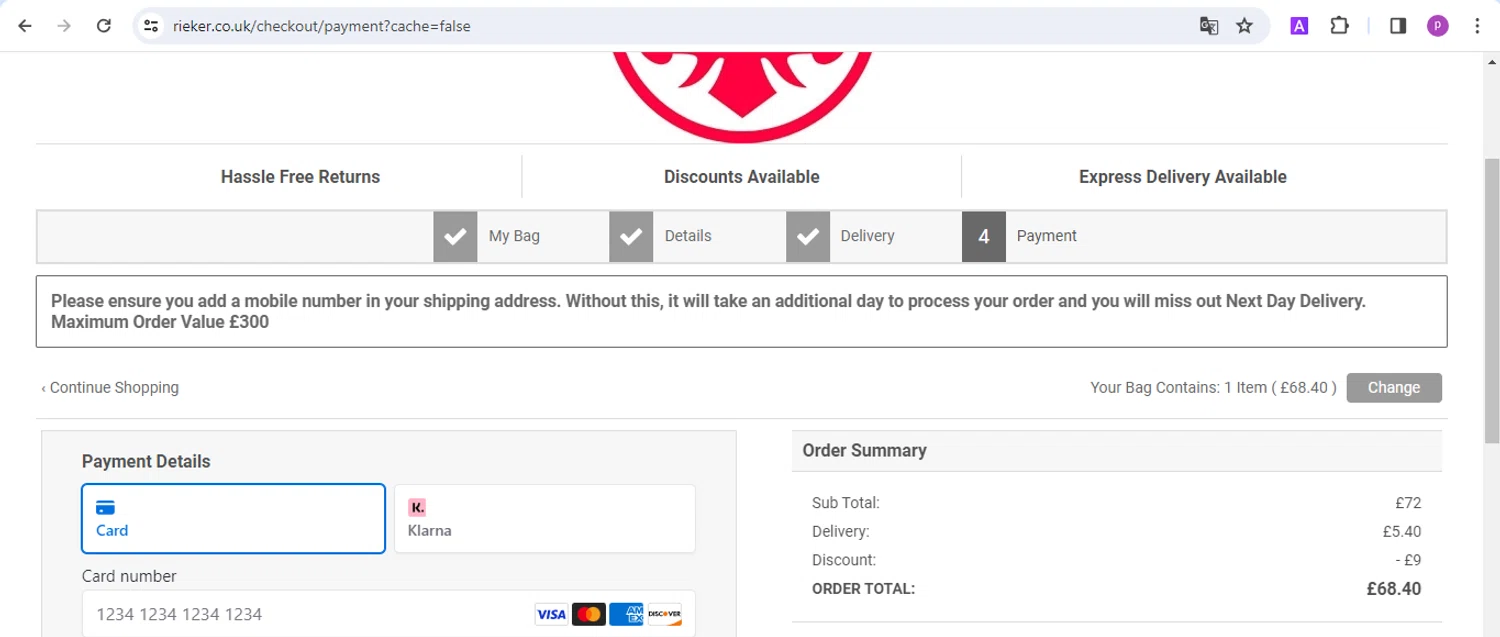 Rieker checkout page showing Rieker discount code box | Screenshot taken by SimplyCodes community member on Mar 28, 2024