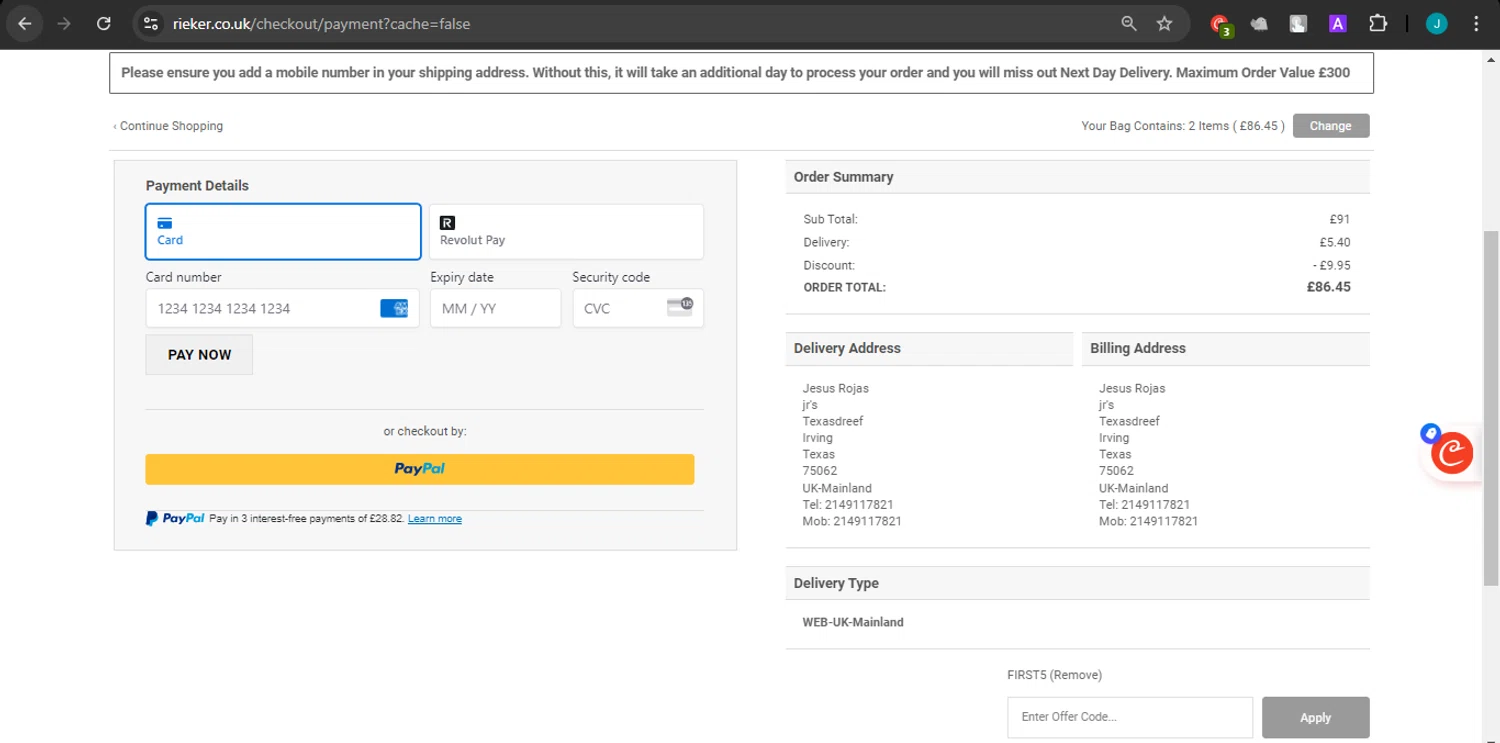 Rieker checkout page showing Rieker discount code box | Screenshot taken by SimplyCodes community member on Aug 31, 2024