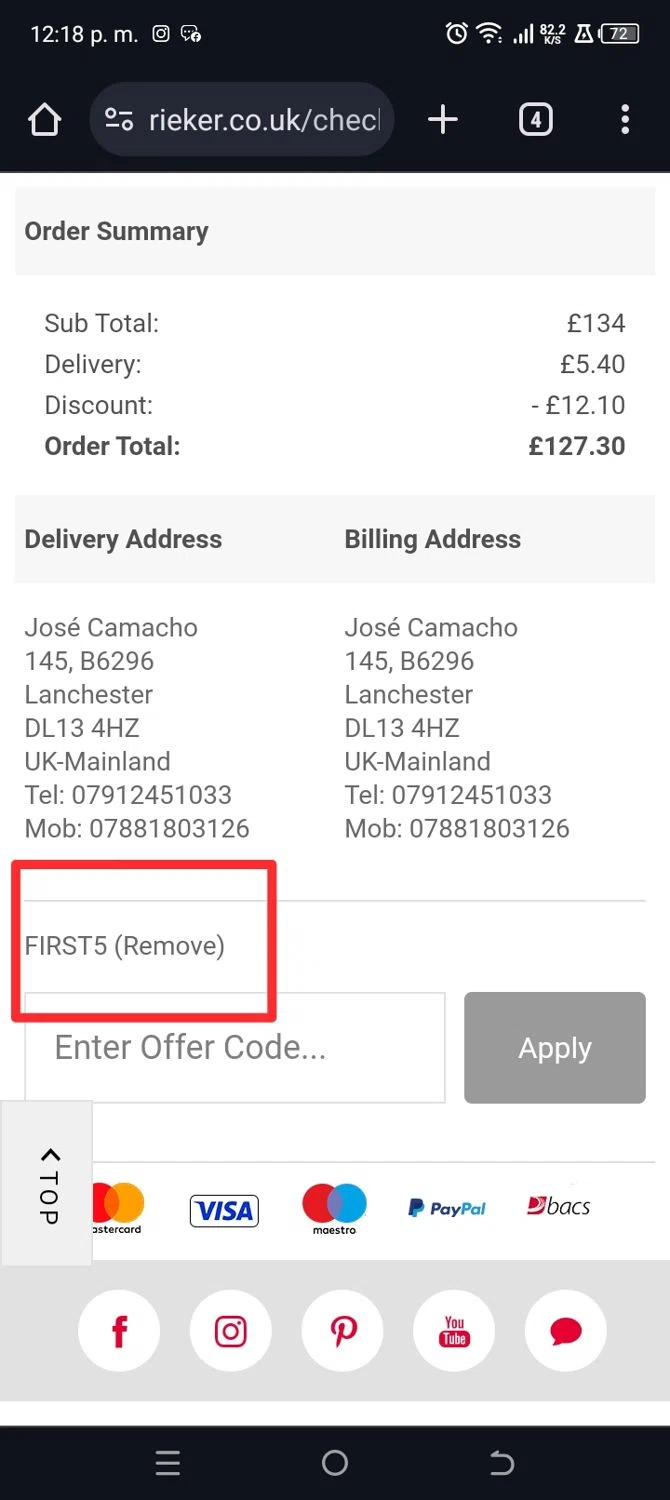 Rieker checkout page showing Rieker discount code box | Screenshot taken by SimplyCodes community member on Jun 21, 2024