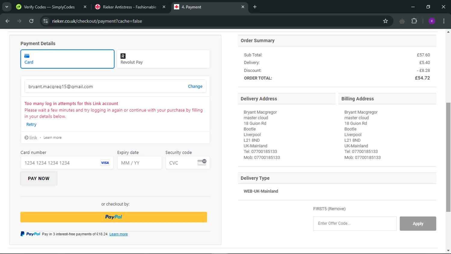 Rieker checkout page showing Rieker discount code box | Screenshot taken by SimplyCodes community member on Aug 18, 2024