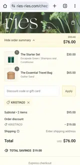 KRISTIN20 coupon verification screenshot