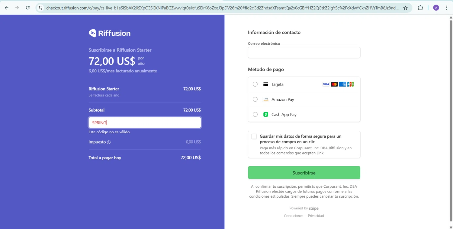 Riffusion coupon code screenshot showing code SPRING applied at Riffusion checkout page. Uploaded by SimplyCodes community member AGDR28 on Apr 28, 2025