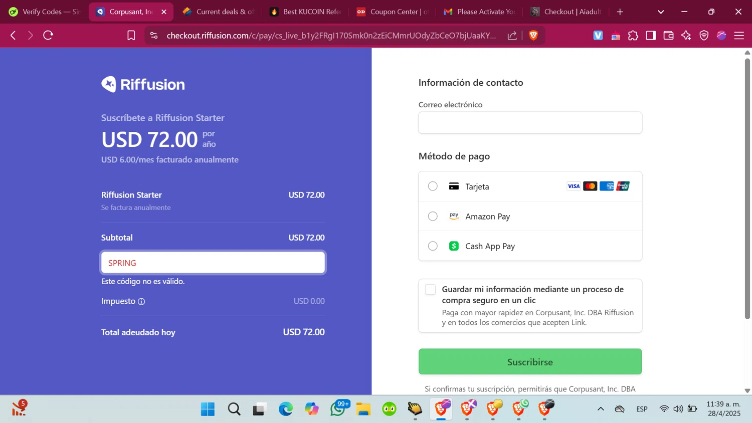 Riffusion coupon code screenshot showing code SPRING applied at Riffusion checkout page. Uploaded by SimplyCodes community member ShrewdMonarch4436 on Apr 28, 2025
