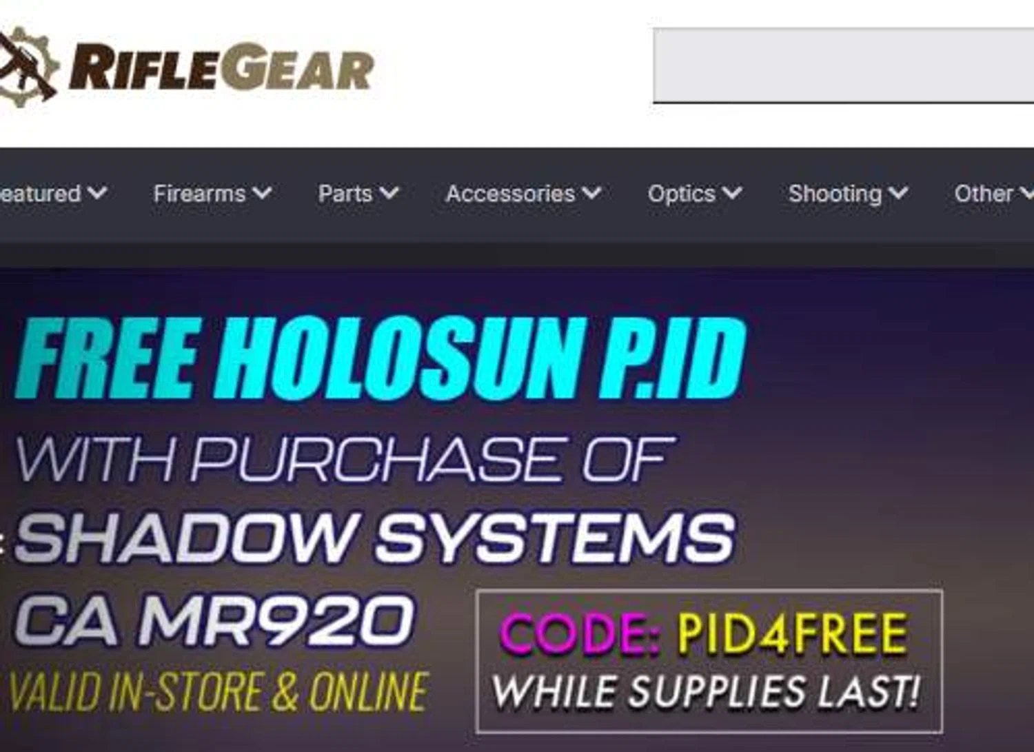 Rifle Gear coupon code screenshot showing code pid4free applied at Rifle Gear checkout page. Uploaded by SimplyCodes community member stygian1 on Nov 12, 2025