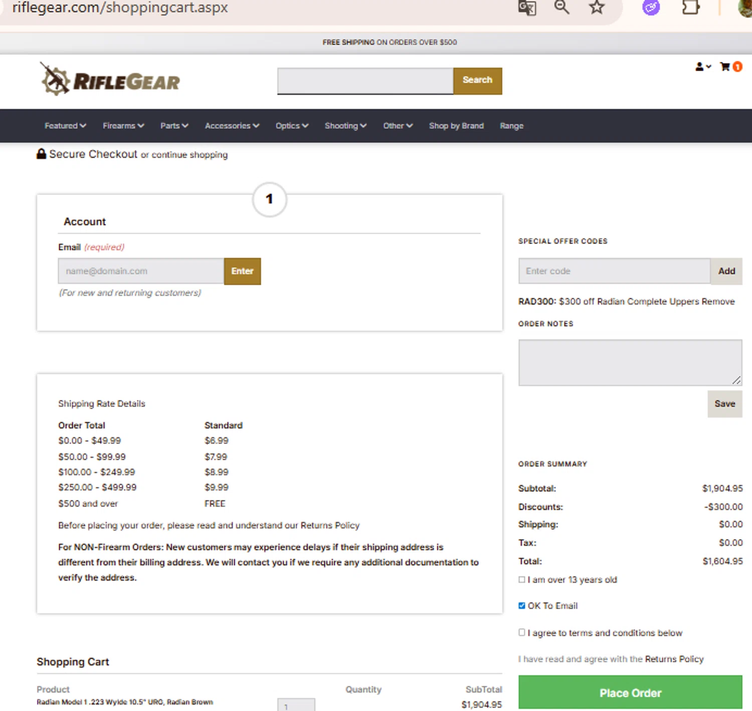 Rifle Gear coupon code screenshot showing code RAD300 applied at Rifle Gear checkout page. Uploaded by SimplyCodes community member BudgetLion5814 on Sep 29, 2025