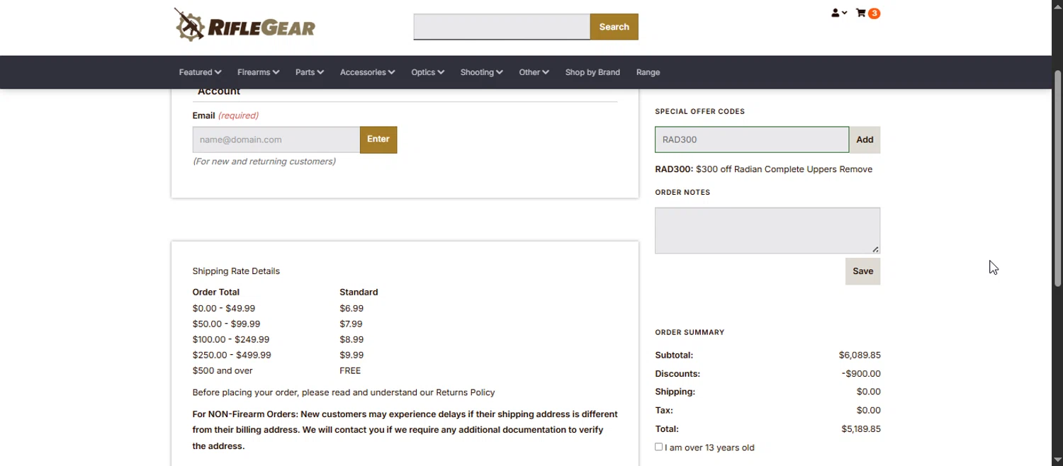Rifle Gear checkout page showing Rifle Gear coupon code box | Screenshot taken by SimplyCodes community member on Aug 31, 2025