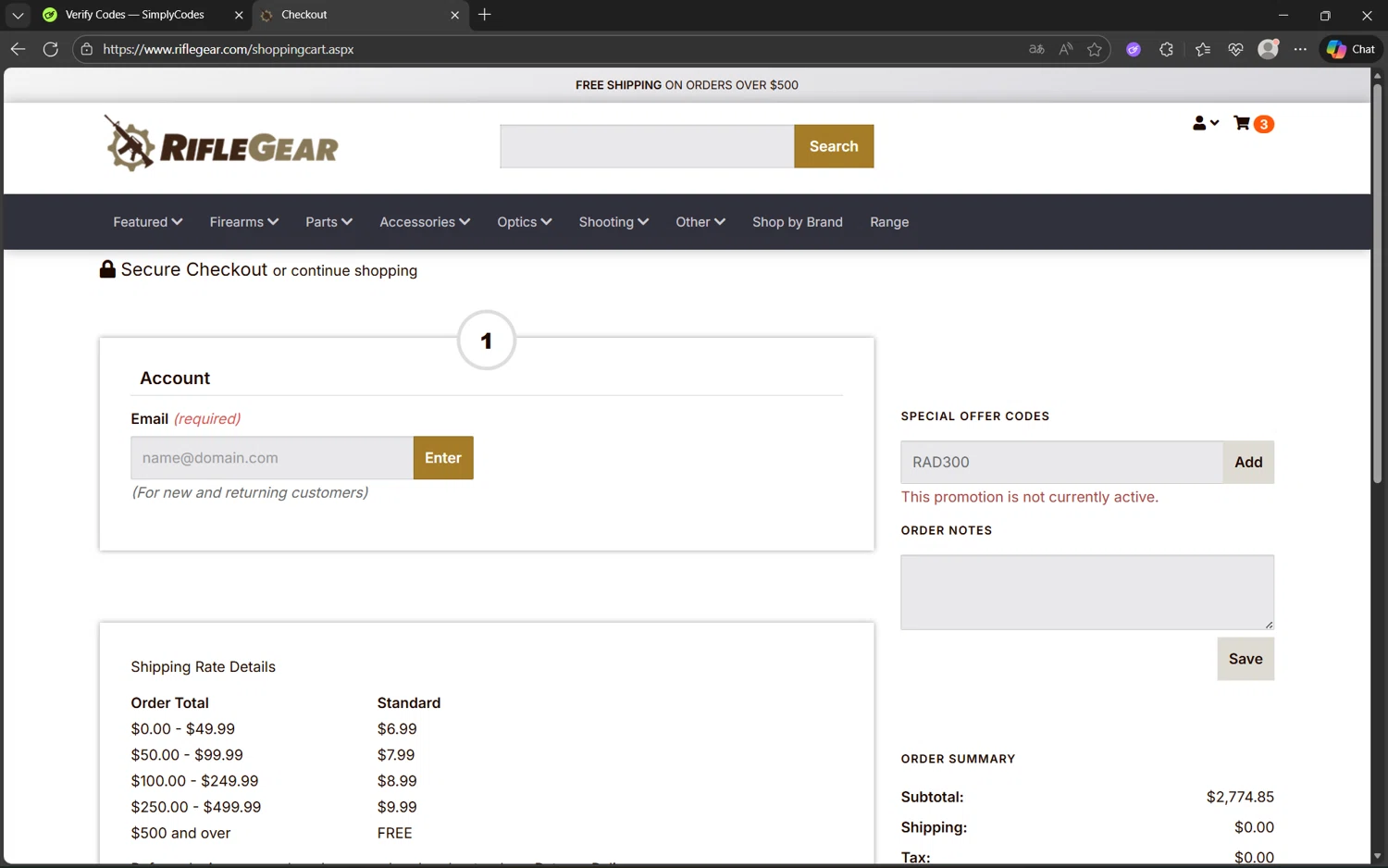 Rifle Gear coupon code screenshot showing code RAD300 applied at Rifle Gear checkout page. Uploaded by SimplyCodes community member Yuyu12 on Nov 26, 2025