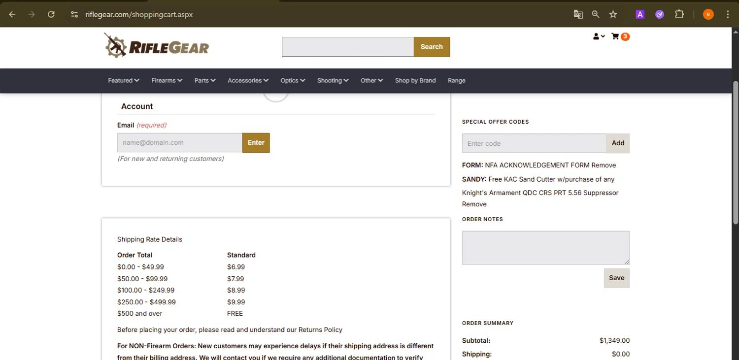Rifle Gear coupon code screenshot showing code SANDY applied at Rifle Gear checkout page. Uploaded by SimplyCodes community member NobleElite1598 on Nov 5, 2025