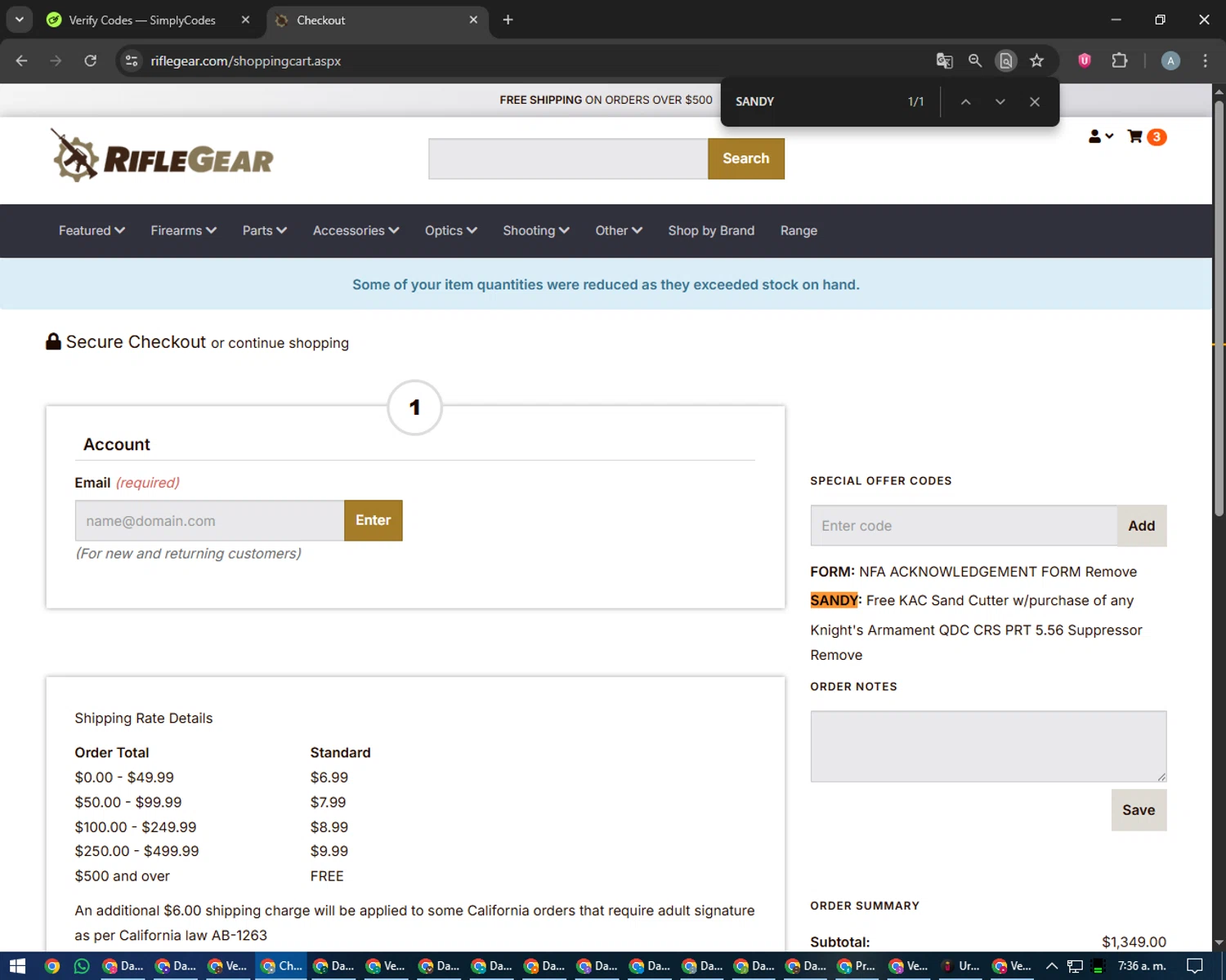 Rifle Gear checkout page showing Rifle Gear coupon code box | Screenshot taken by SimplyCodes community member on Jan 31, 2026