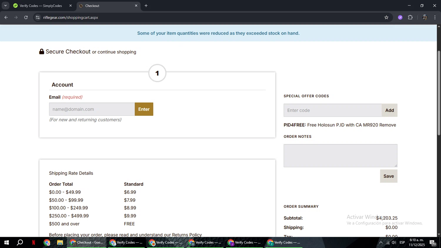 Rifle Gear coupon code screenshot showing code pid4free applied at Rifle Gear checkout page. Uploaded by SimplyCodes community member xxdddd on Dec 11, 2025
