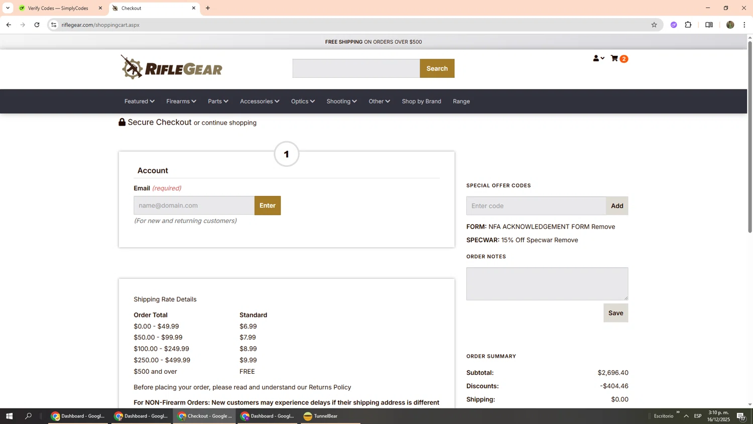 Rifle Gear coupon code screenshot showing code SPECWAR applied at Rifle Gear checkout page. Uploaded by SimplyCodes community member Phoenix585 on Dec 16, 2025