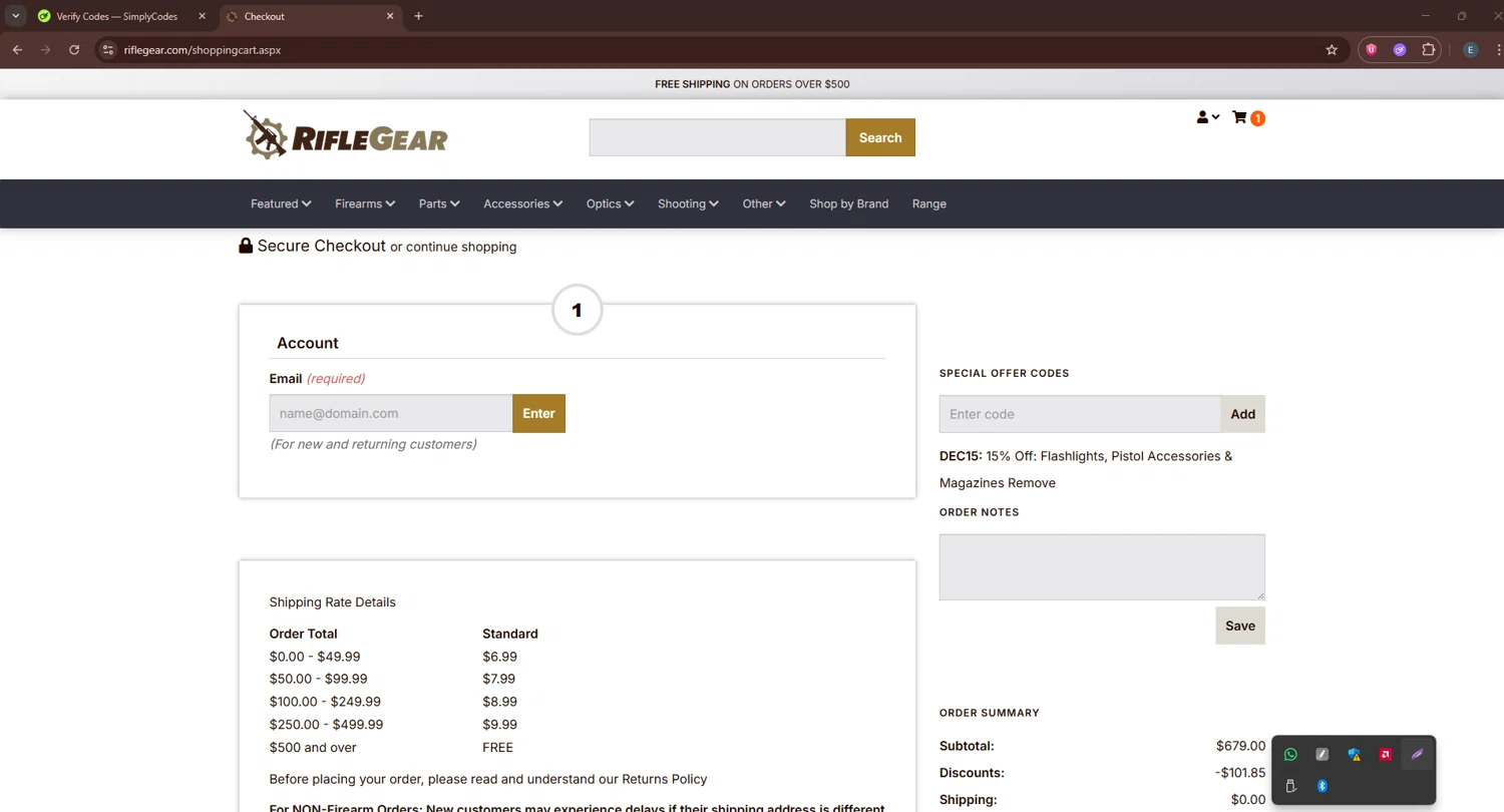 Rifle Gear checkout page showing Rifle Gear coupon code box | Screenshot taken by SimplyCodes community member on Dec 24, 2025