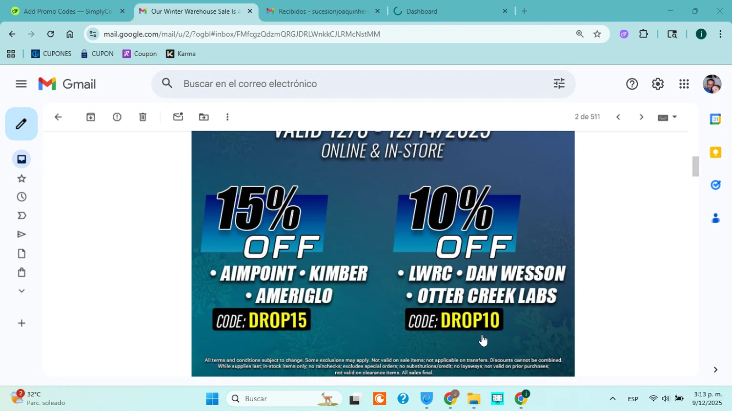 Rifle Gear coupon code screenshot showing code DROP15 applied at Rifle Gear checkout page. Uploaded by SimplyCodes community member jorgejavierherrera on Dec 9, 2025