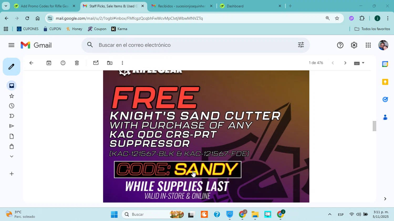 Rifle Gear coupon code screenshot showing code SANDY applied at Rifle Gear checkout page. Uploaded by SimplyCodes community member jorgejavierherrera on Nov 5, 2025