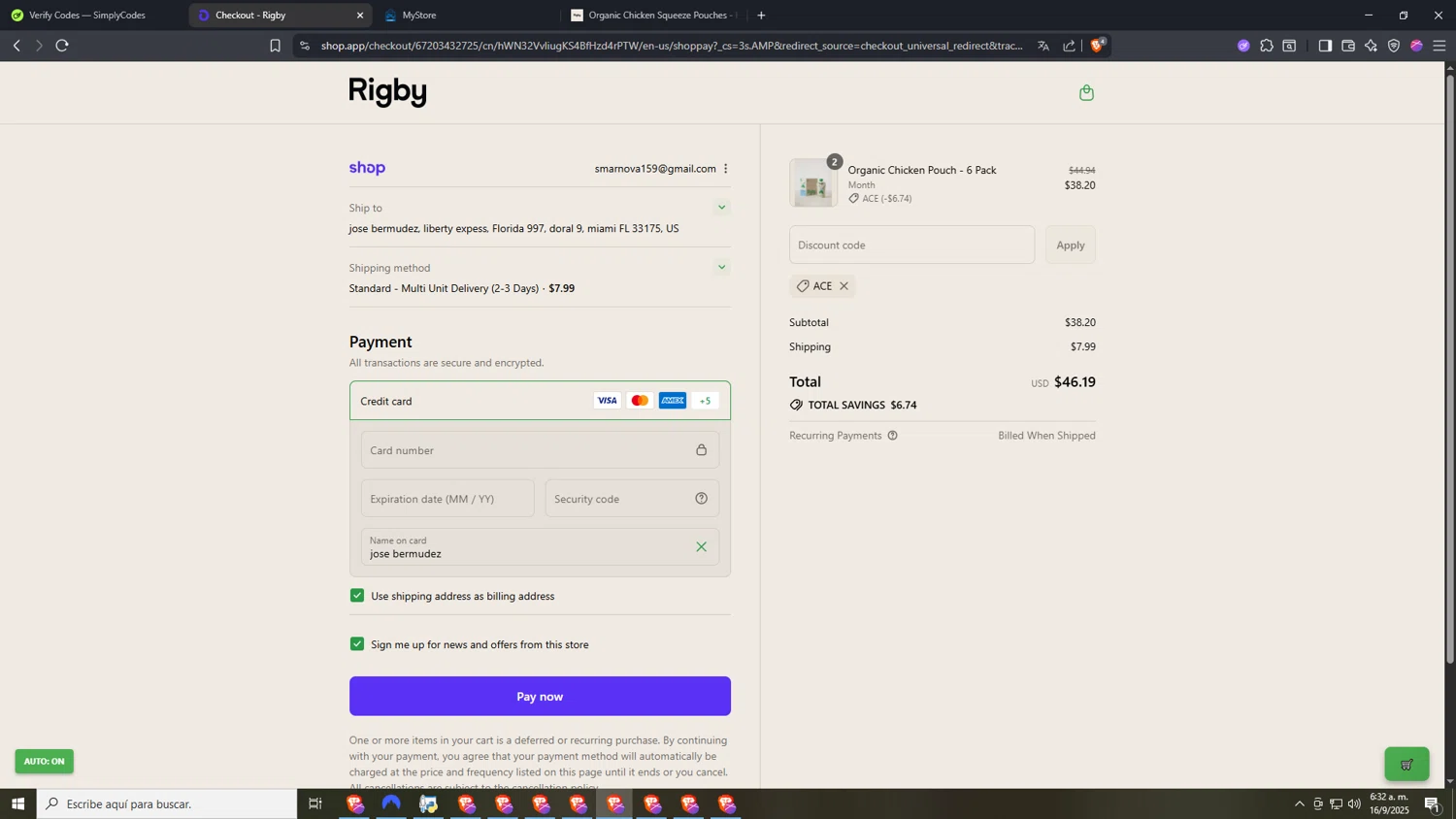 Rigby discount code screenshot showing code ACE applied at Rigby checkout page. Uploaded by SimplyCodes community member VictoriousDefender7352 on Sep 16, 2025