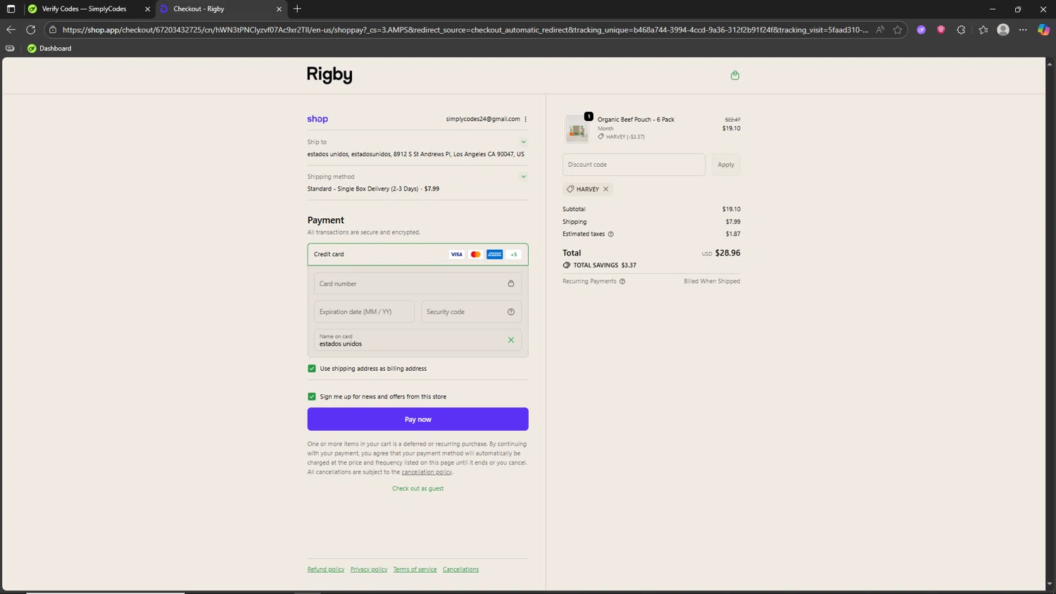 Rigby discount code screenshot showing code HARVEY applied at Rigby checkout page. Uploaded by SimplyCodes community member Akatsuki on Oct 8, 2025