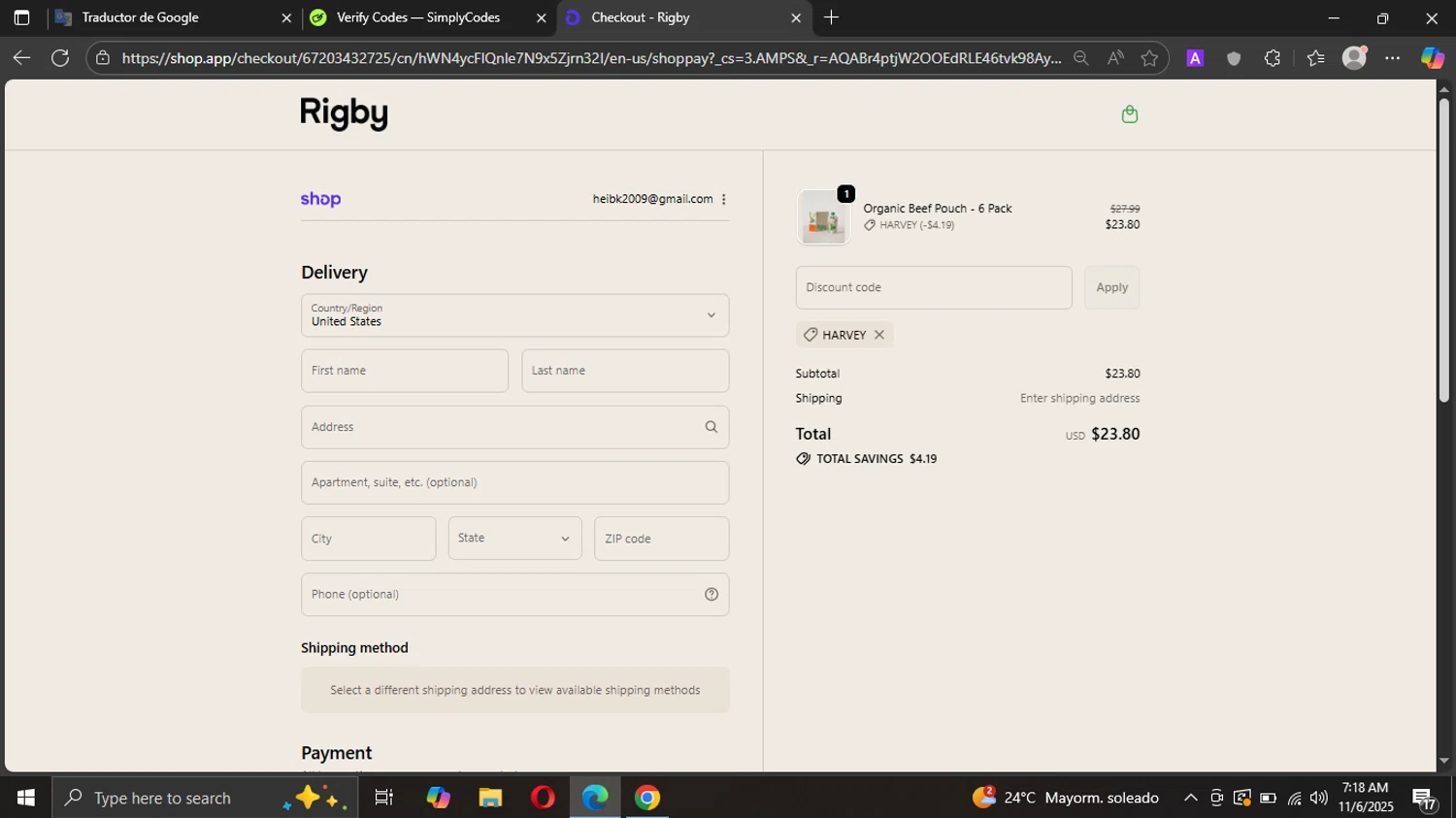 Rigby discount code screenshot showing code HARVEY applied at Rigby checkout page. Uploaded by SimplyCodes community member Metal02Truck on Nov 6, 2025