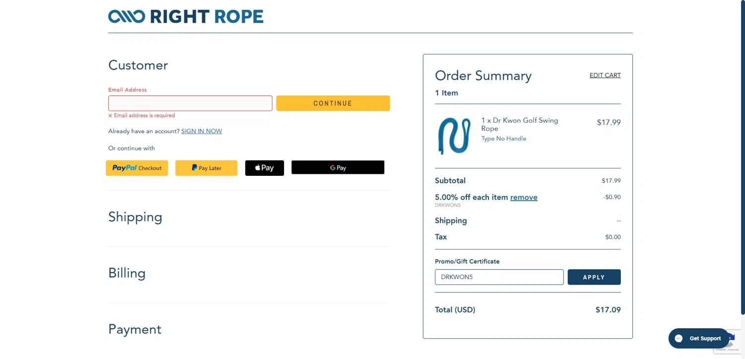 Right Rope promo code screenshot showing code DRKWON5 applied at Right Rope checkout page. Uploaded by SimplyCodes community member NobleMaestro6498 on Feb 19, 2026