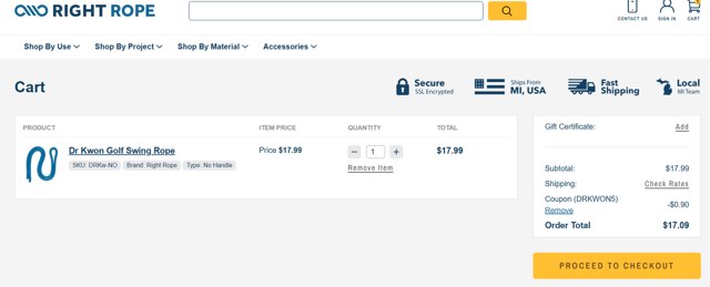 Right Rope checkout page showing Right Rope promo code box | Screenshot taken by SimplyCodes community member on Mar 7, 2025