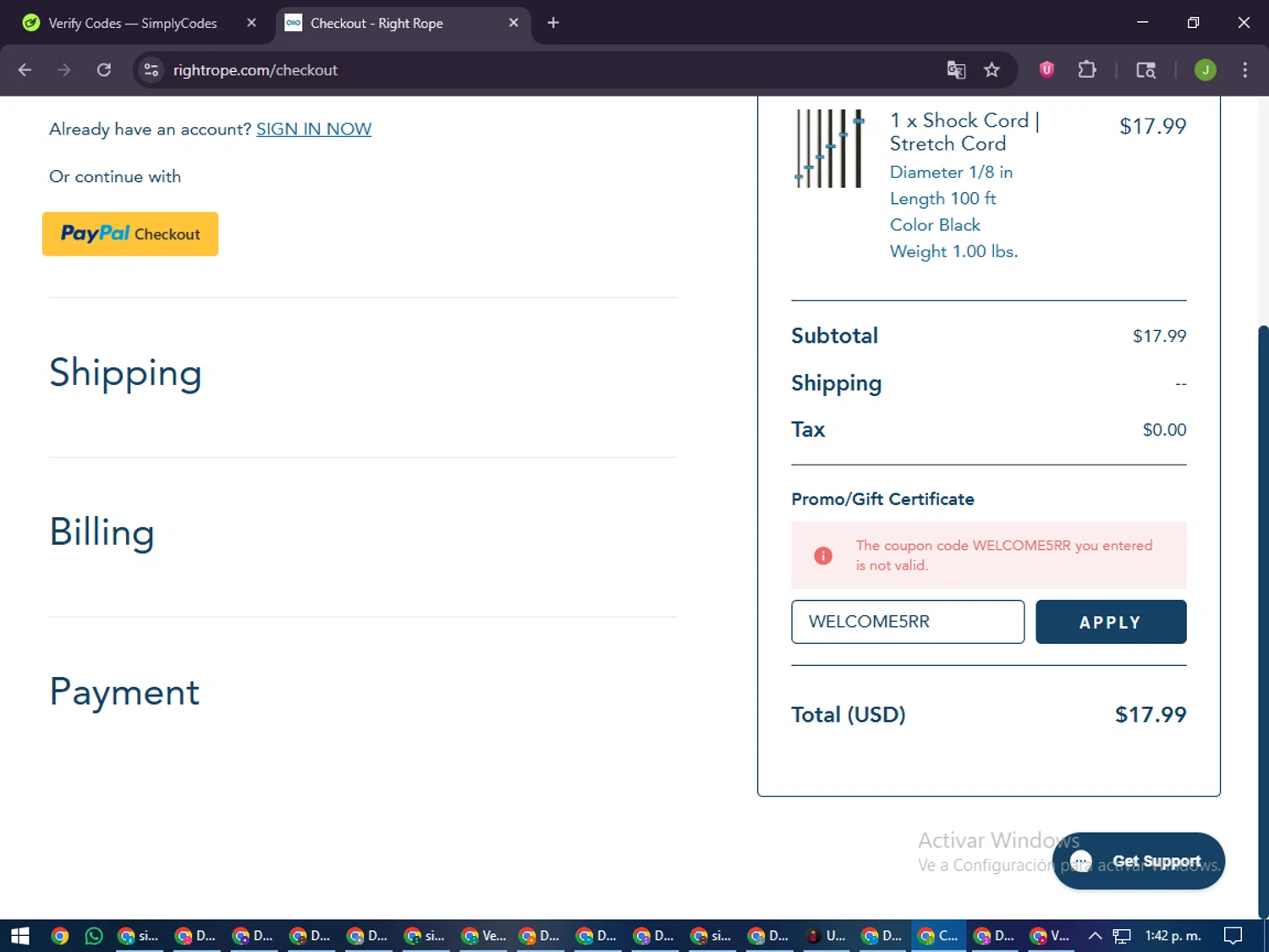 Right Rope promo code screenshot showing code WELCOME5RR applied at Right Rope checkout page. Uploaded by SimplyCodes community member LilBaby on Dec 30, 2025