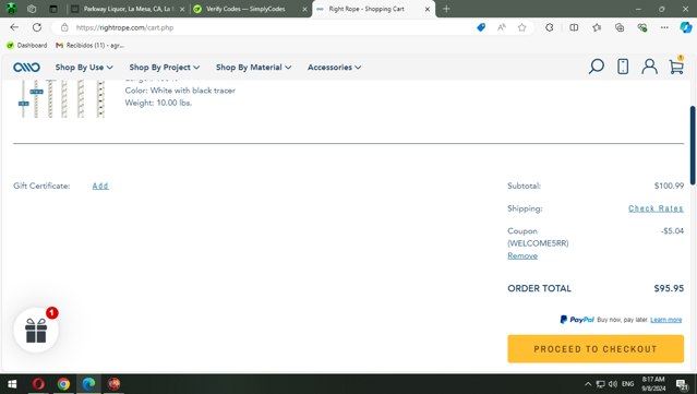Right Rope checkout page showing Right Rope promo code box | Screenshot taken by SimplyCodes community member on Sep 8, 2024